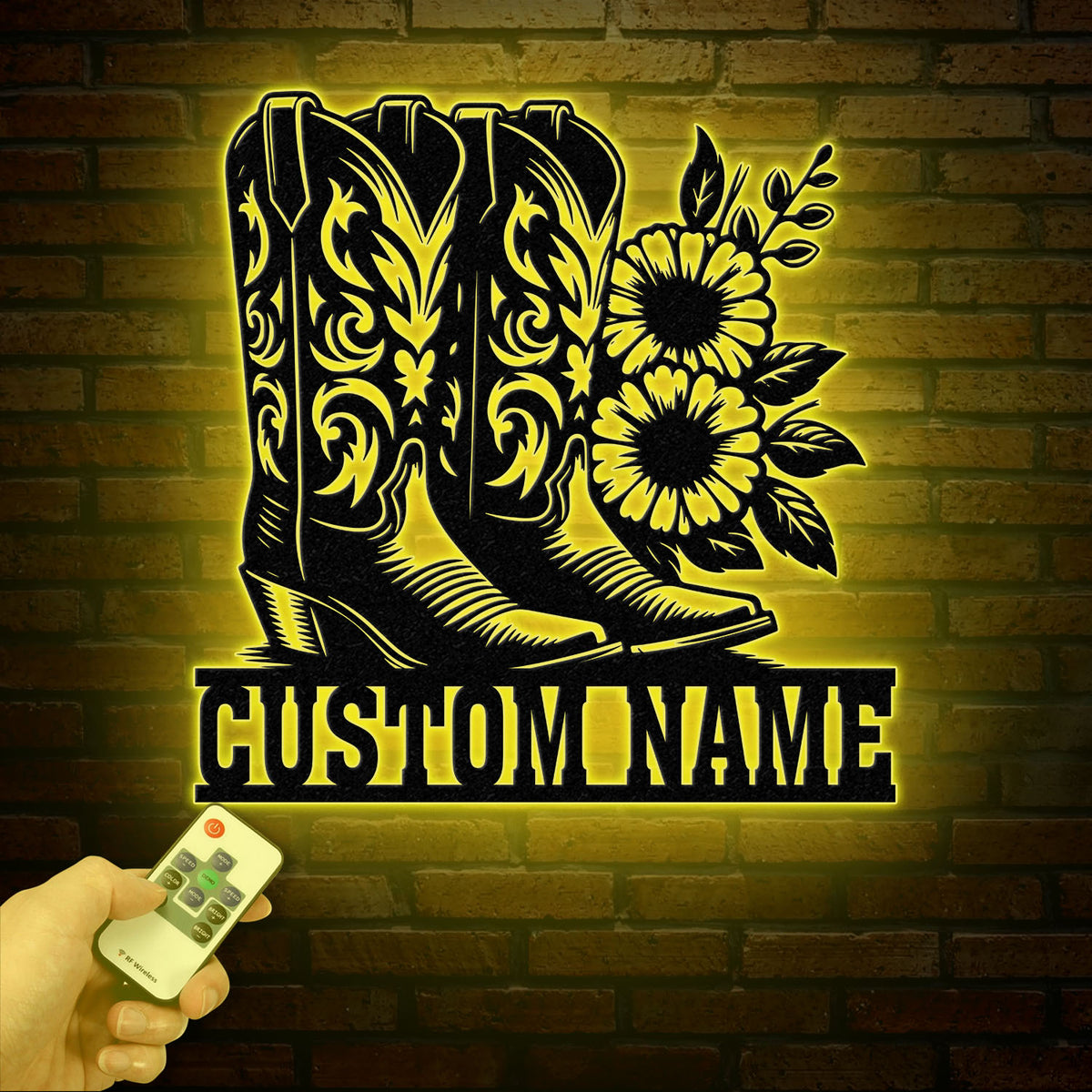 Custom Cowboy Boots with Flowers Metal Wall Art with LED Light, Personalized Western Horse Shoes Name Sign, Country Living & Man Cave Decor