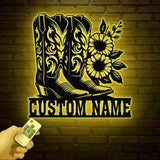 Custom Cowboy Boots with Flowers Metal Wall Art with LED Light, Personalized Western Horse Shoes Name Sign, Country Living & Man Cave Decor
