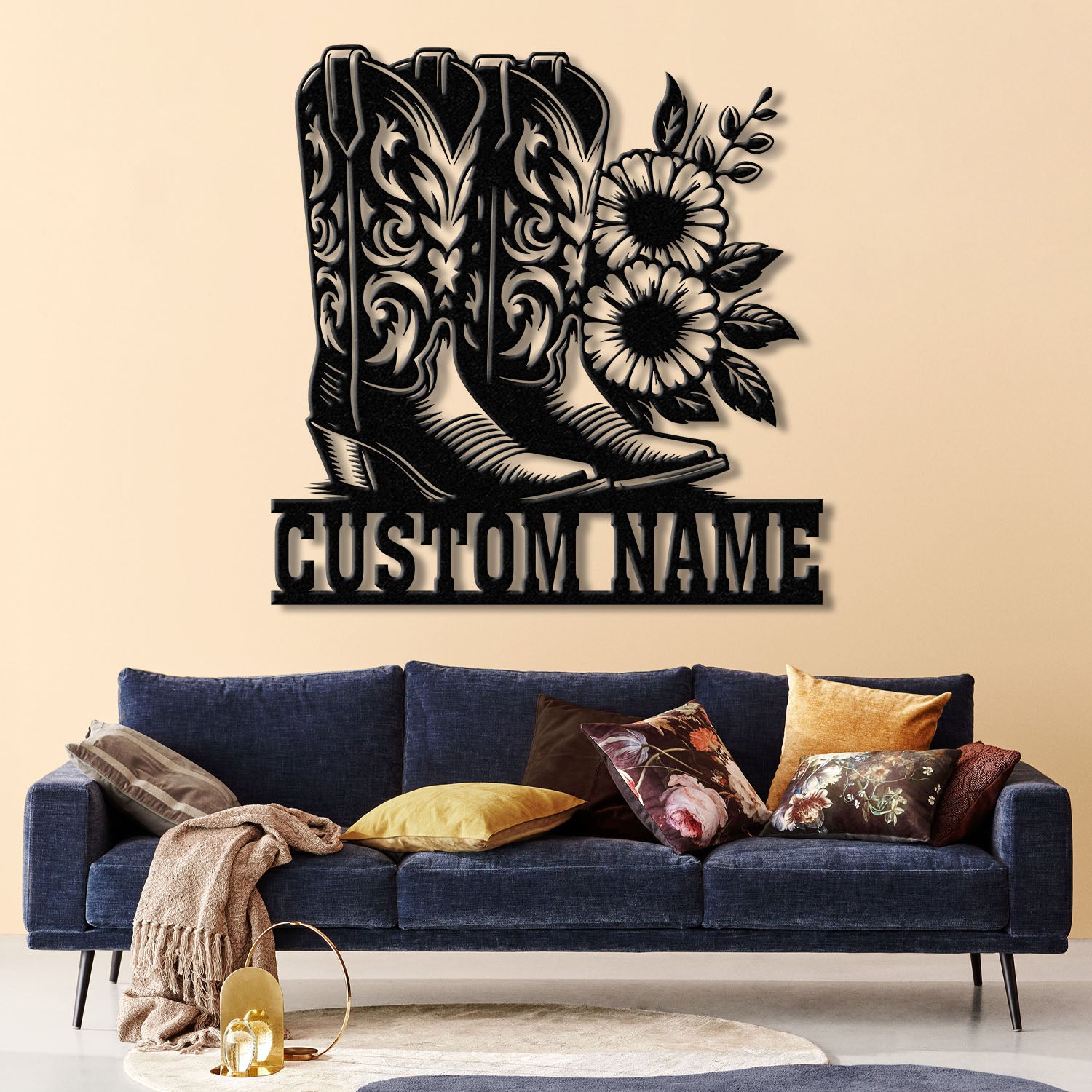 Custom Cowboy Boots with Flowers Metal Wall Art with LED Light, Personalized Western Horse Shoes Name Sign, Country Living & Man Cave Decor