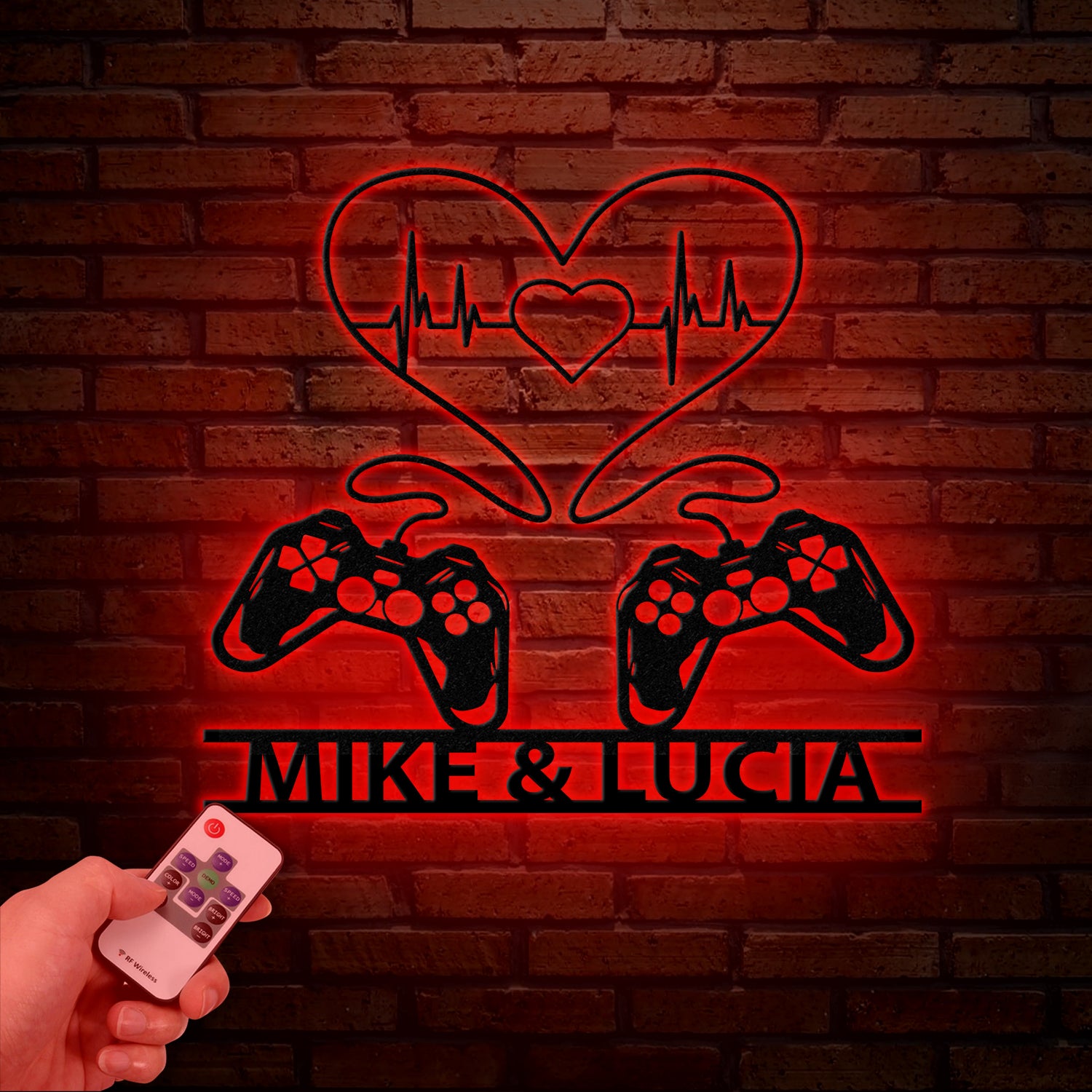 Personalized Gaming Couple Metal Sign with LED Light, Heart Game Controller, Custom Name Wall Art, Gifts for Couples, Game Room Decor