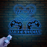 Personalized Gaming Couple Metal Sign with LED Light, Heart Game Controller, Custom Name Wall Art, Gifts for Couples, Game Room Decor