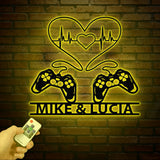 Personalized Gaming Couple Metal Sign with LED Light, Heart Game Controller, Custom Name Wall Art, Gifts for Couples, Game Room Decor