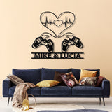 Personalized Gaming Couple Metal Sign with LED Light, Heart Game Controller, Custom Name Wall Art, Gifts for Couples, Game Room Decor