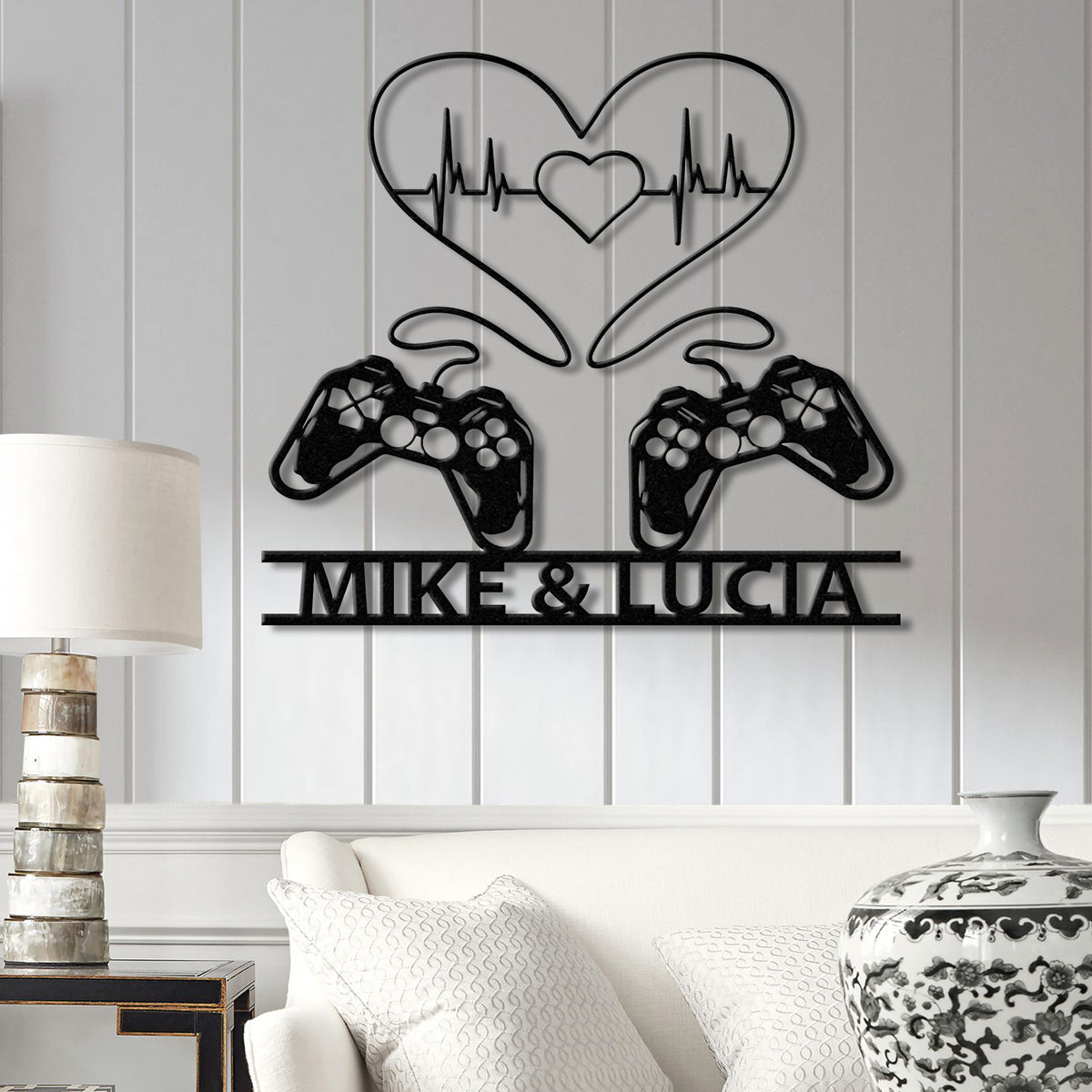 Personalized Gaming Couple Metal Sign with LED Light, Heart Game Controller, Custom Name Wall Art, Gifts for Couples, Game Room Decor