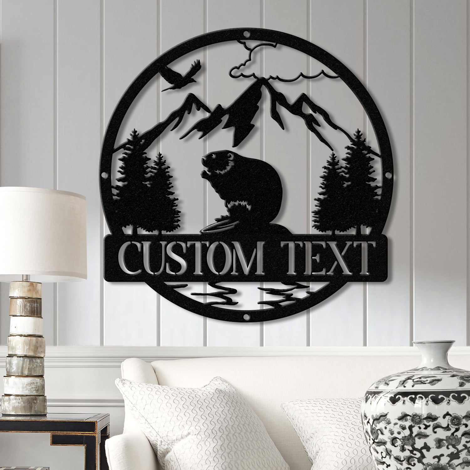 Custom Beaver Metal Sign, Personalized Nature Wildlife Wall Art, LED Light Mountain Sign, Custom Name Sign, Outdoor Cabin Decor Gift