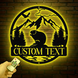 Custom Beaver Metal Sign, Personalized Nature Wildlife Wall Art, LED Light Mountain Sign, Custom Name Sign, Outdoor Cabin Decor Gift