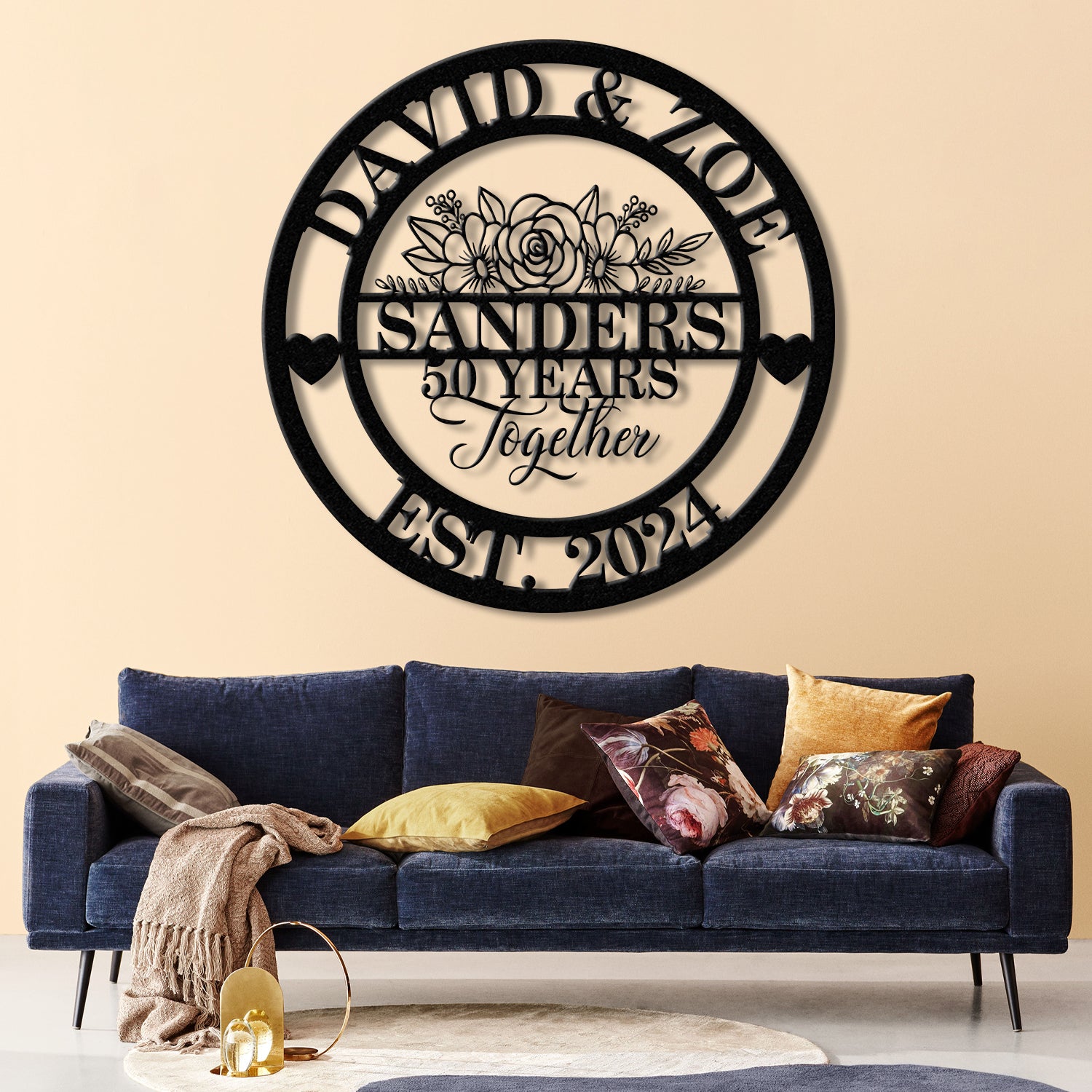 Custom 50th Anniversary Floral Metal Sign - Personalized Last Name LED Sign - Wedding or Housewarming Gift - Custom Anniversary Decor
