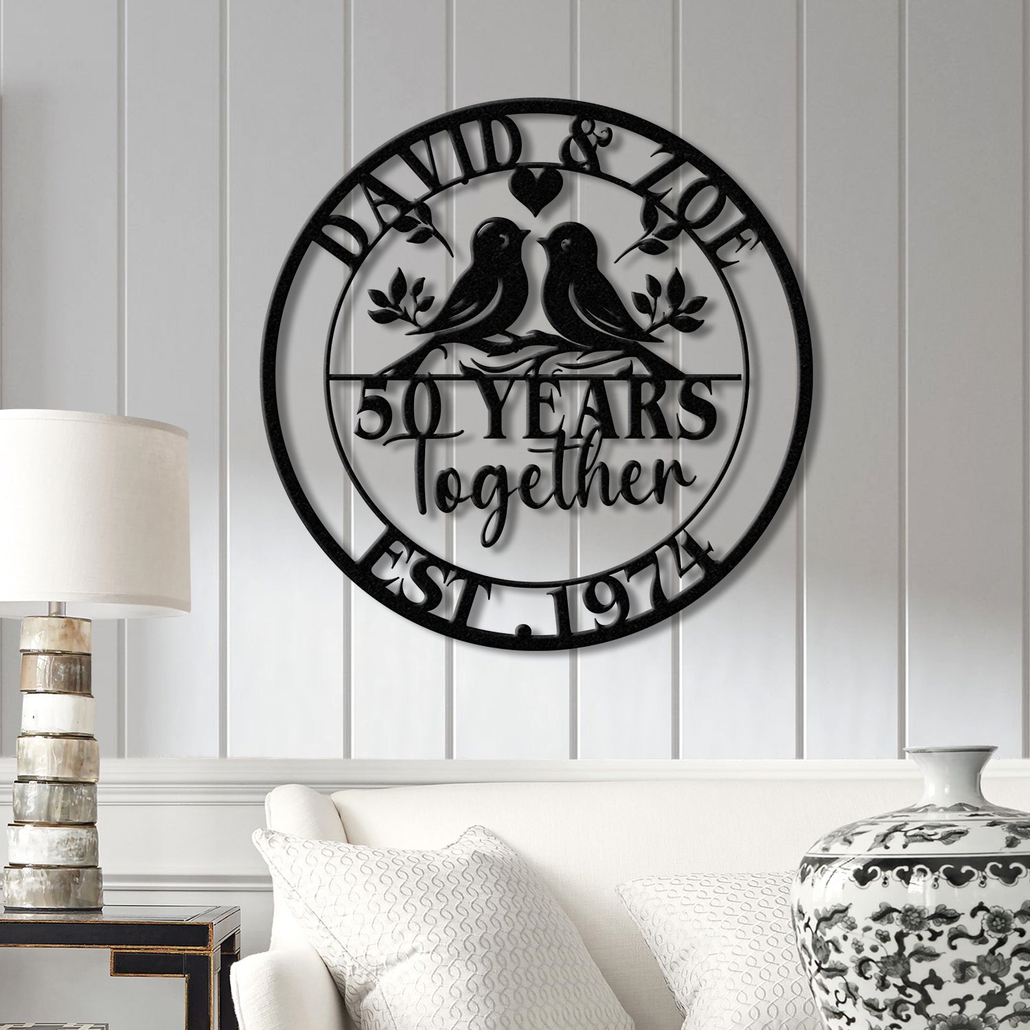 Custom 50 Years Together Anniversary Sign - Personalized Couple Name Sign with Love Birds, Perfect Anniversary Gift, Wedding Gift