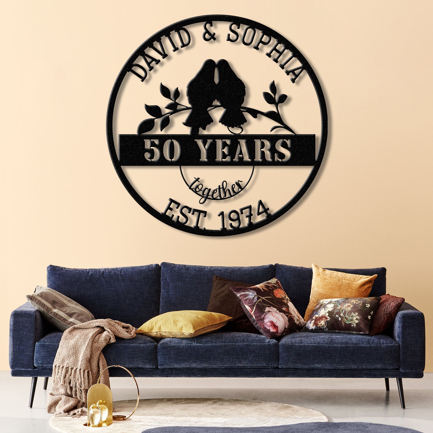 Custom 50 Years Together Floral Metal Sign, Personalized Last Name Monogram, Anniversary Gift, Wedding Metal Sign, Housewarming Gift