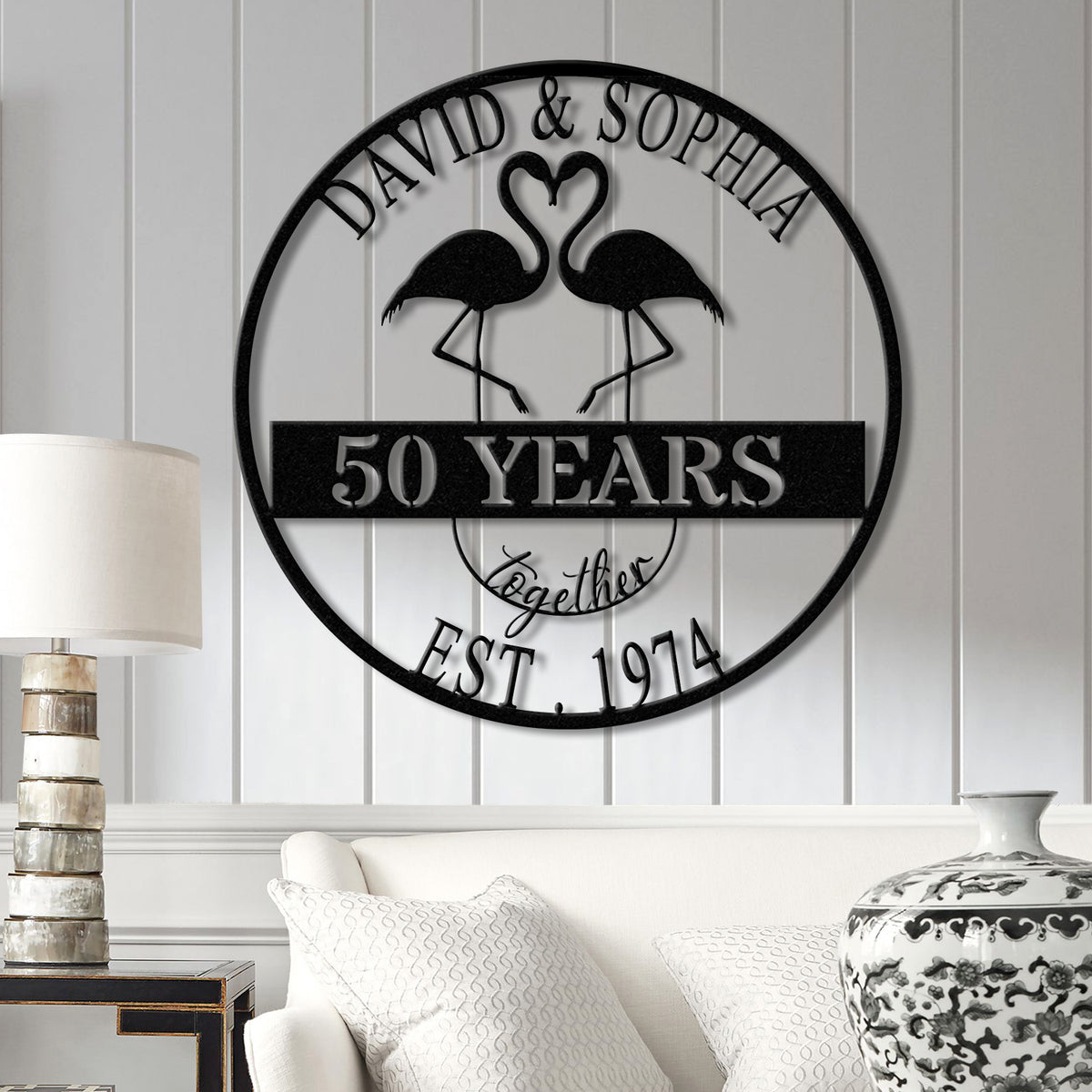 Custom 50th Anniversary Gift, Golden Wedding Metal Sign, Tropical Flamingo Wall Art, Personalized Gift for Parents, Anniversary Gifts