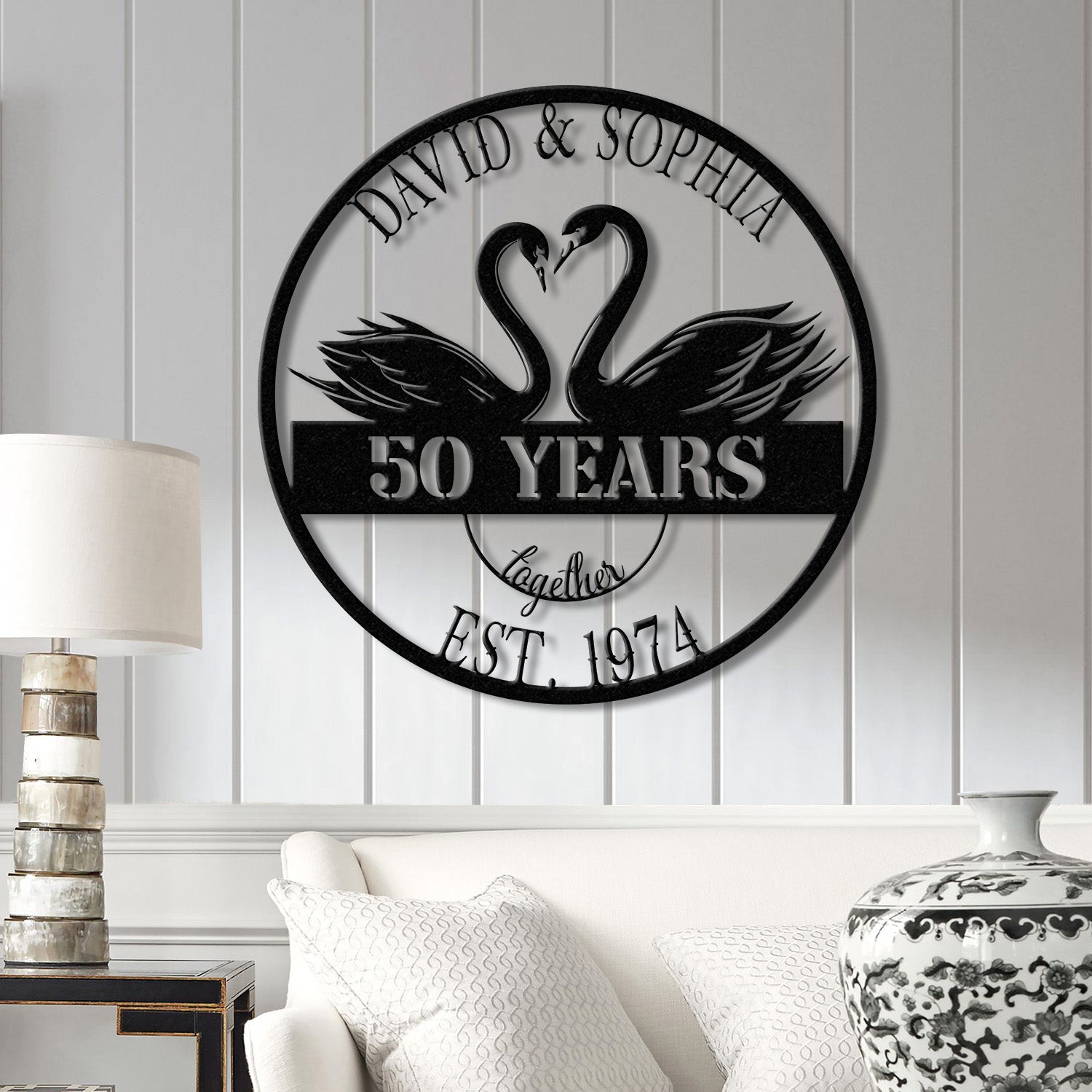 Custom 50th Anniversary Gift, Golden Wedding Metal Swan Sign, Personalized Wall Art for Parents, Husband Wife, Friends, Besties Couple Gift