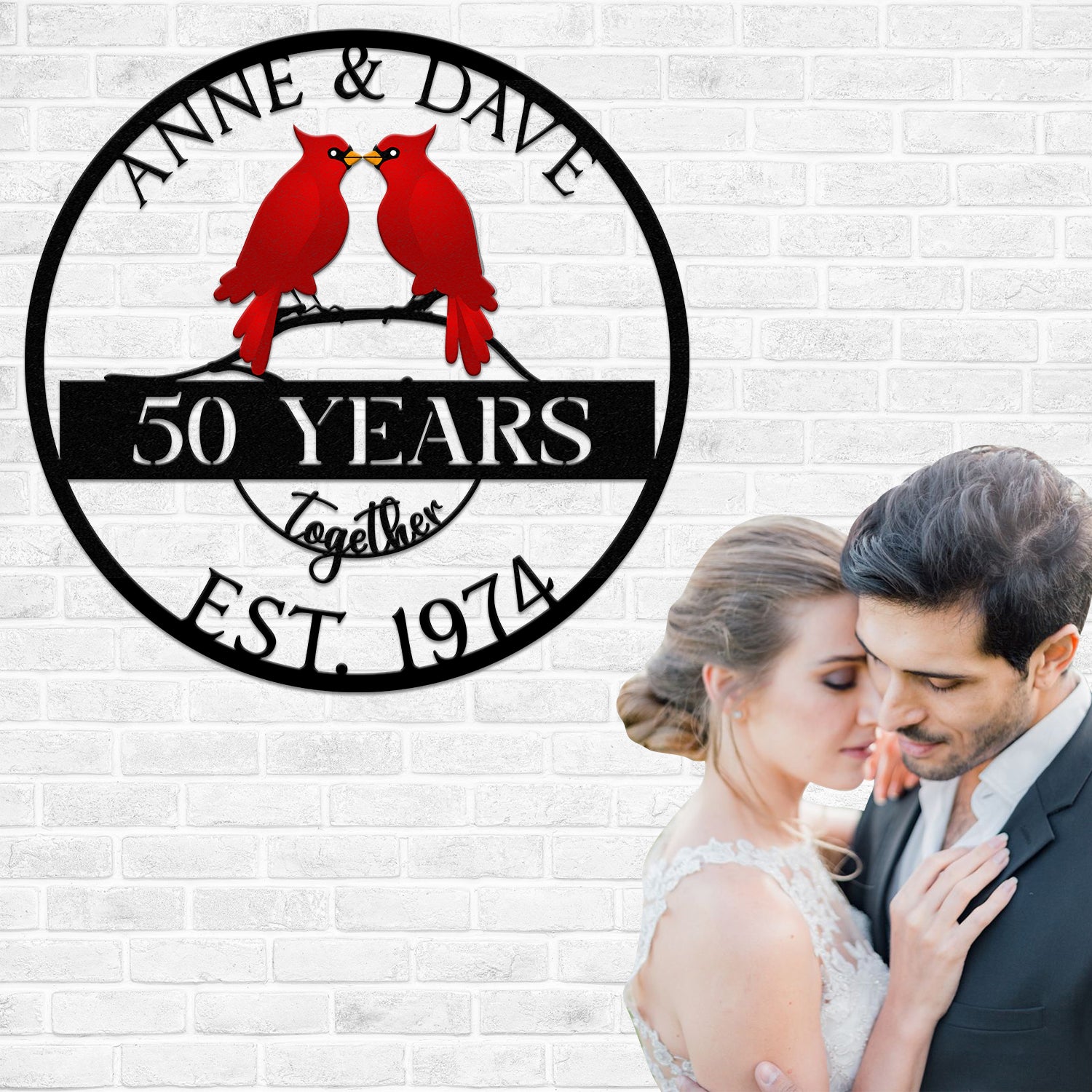 Custom 50th Anniversary Gift, Golden Wedding Metal Sign with Cardinal Birds, Personalized Wall Art for Parents, Wedding Anniversary Gift