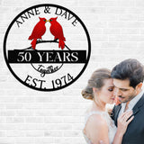 Custom 50th Anniversary Gift, Golden Wedding Metal Sign with Cardinal Birds, Personalized Wall Art for Parents, Wedding Anniversary Gift