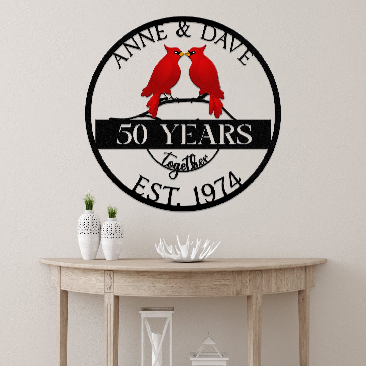 Custom 50th Anniversary Gift, Golden Wedding Metal Sign with Cardinal Birds, Personalized Wall Art for Parents, Wedding Anniversary Gift