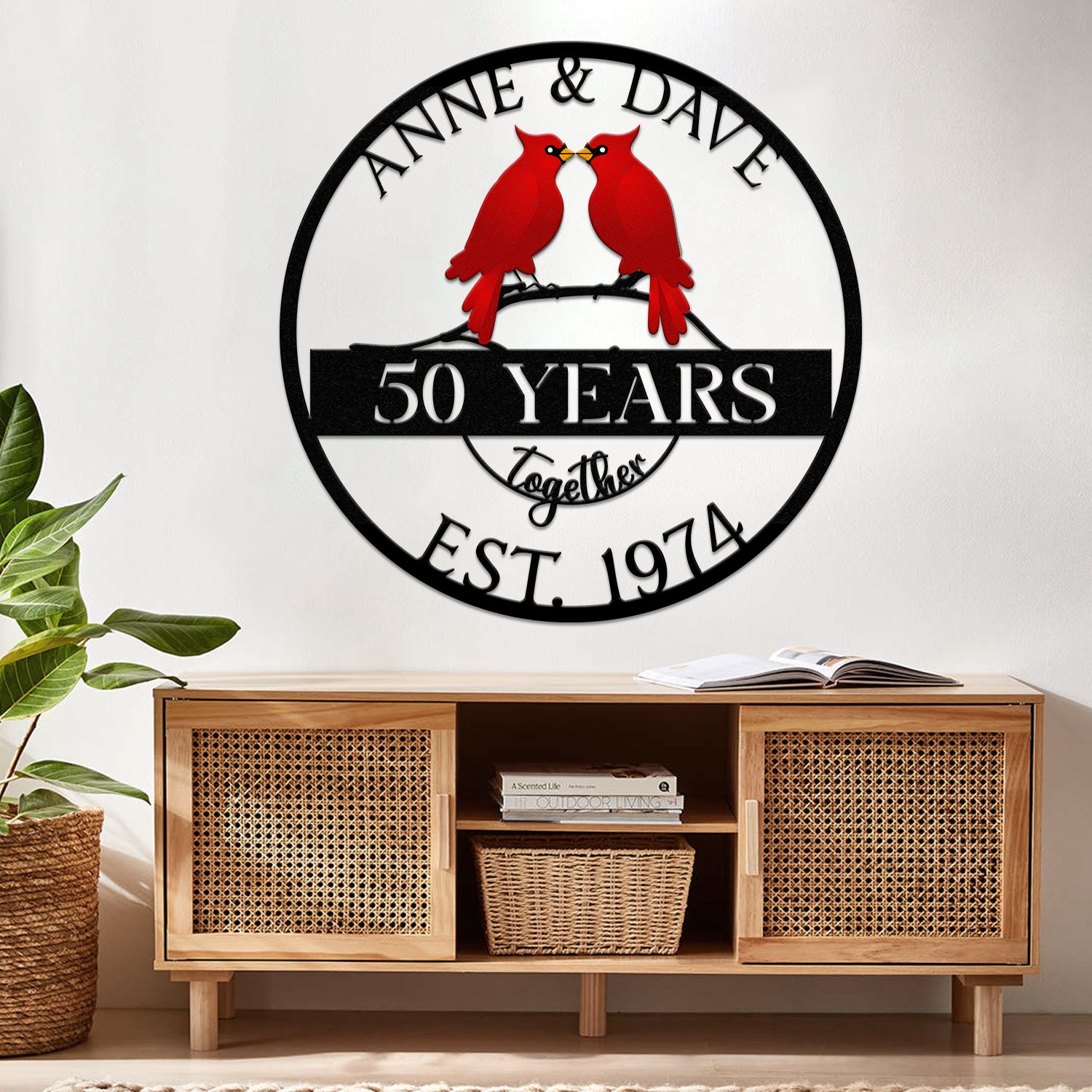 Custom 50th Anniversary Gift, Golden Wedding Metal Sign with Cardinal Birds, Personalized Wall Art for Parents, Wedding Anniversary Gift