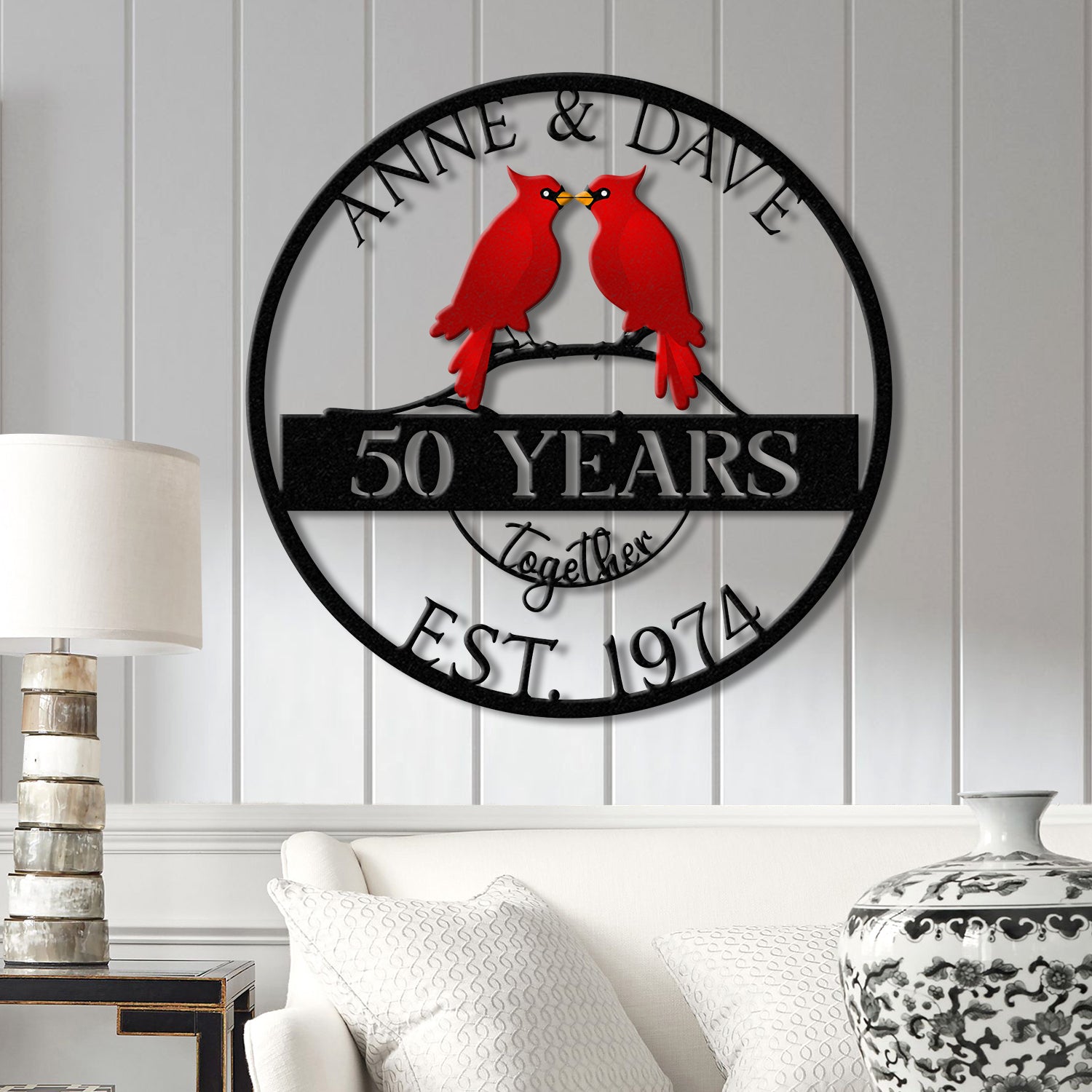 Custom 50th Anniversary Gift, Golden Wedding Metal Sign with Cardinal Birds, Personalized Wall Art for Parents, Wedding Anniversary Gift