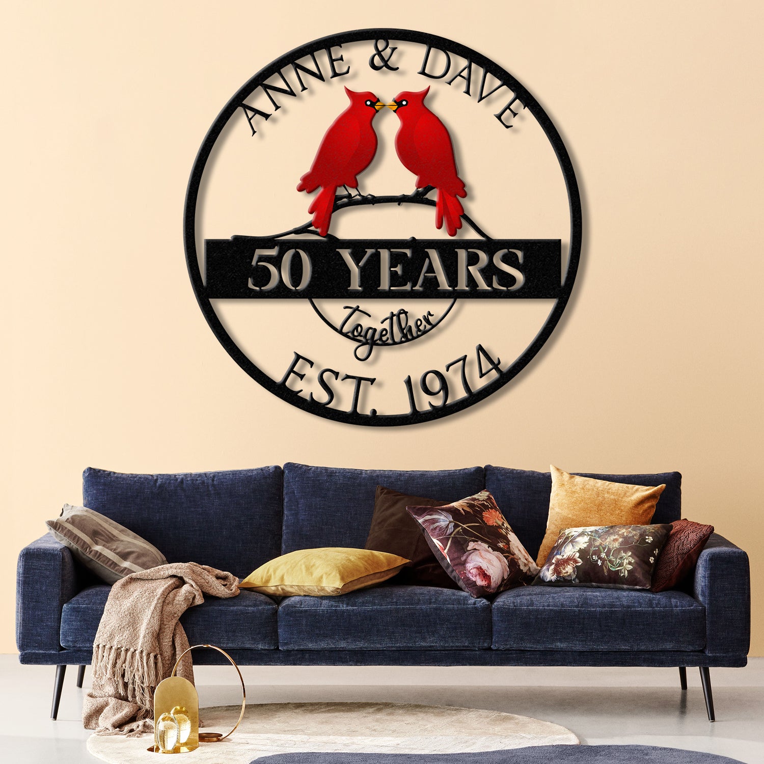 Custom 50th Anniversary Gift, Golden Wedding Metal Sign with Cardinal Birds, Personalized Wall Art for Parents, Wedding Anniversary Gift