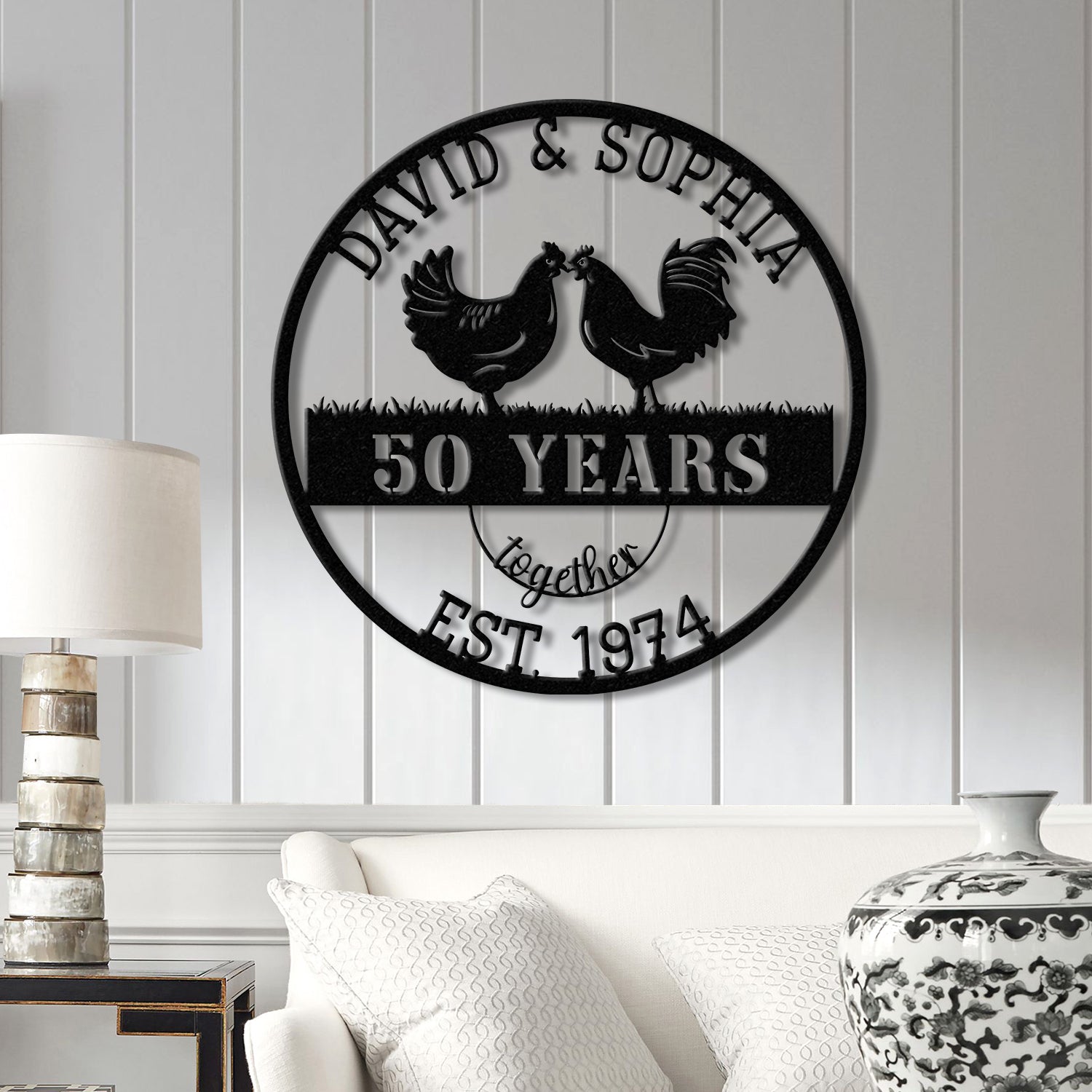 Custom 50 Years Together Anniversary Sign - Personalized Couple Name Sign with Chicken Couple, Perfect Anniversary Gift, Wedding Gift