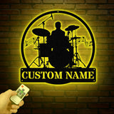 Custom Drum Metal Sign with LED Lights, Personalized Drummer Name Wall Art, Music Decor Gift for Musicians and Drum Lovers