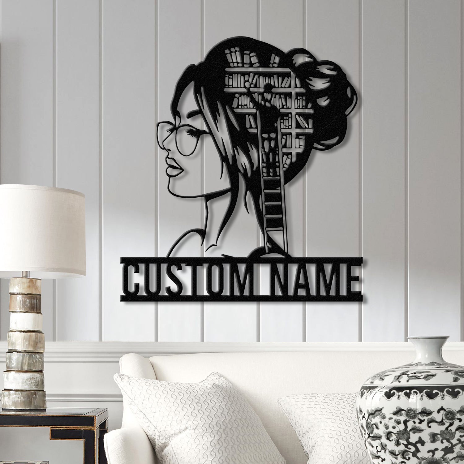 Personalized Lady Library Metal Sign with LED Lights - Custom Bookshelf Sign - Bookworm Library Decor - Reading Room & Book Club Wall Art