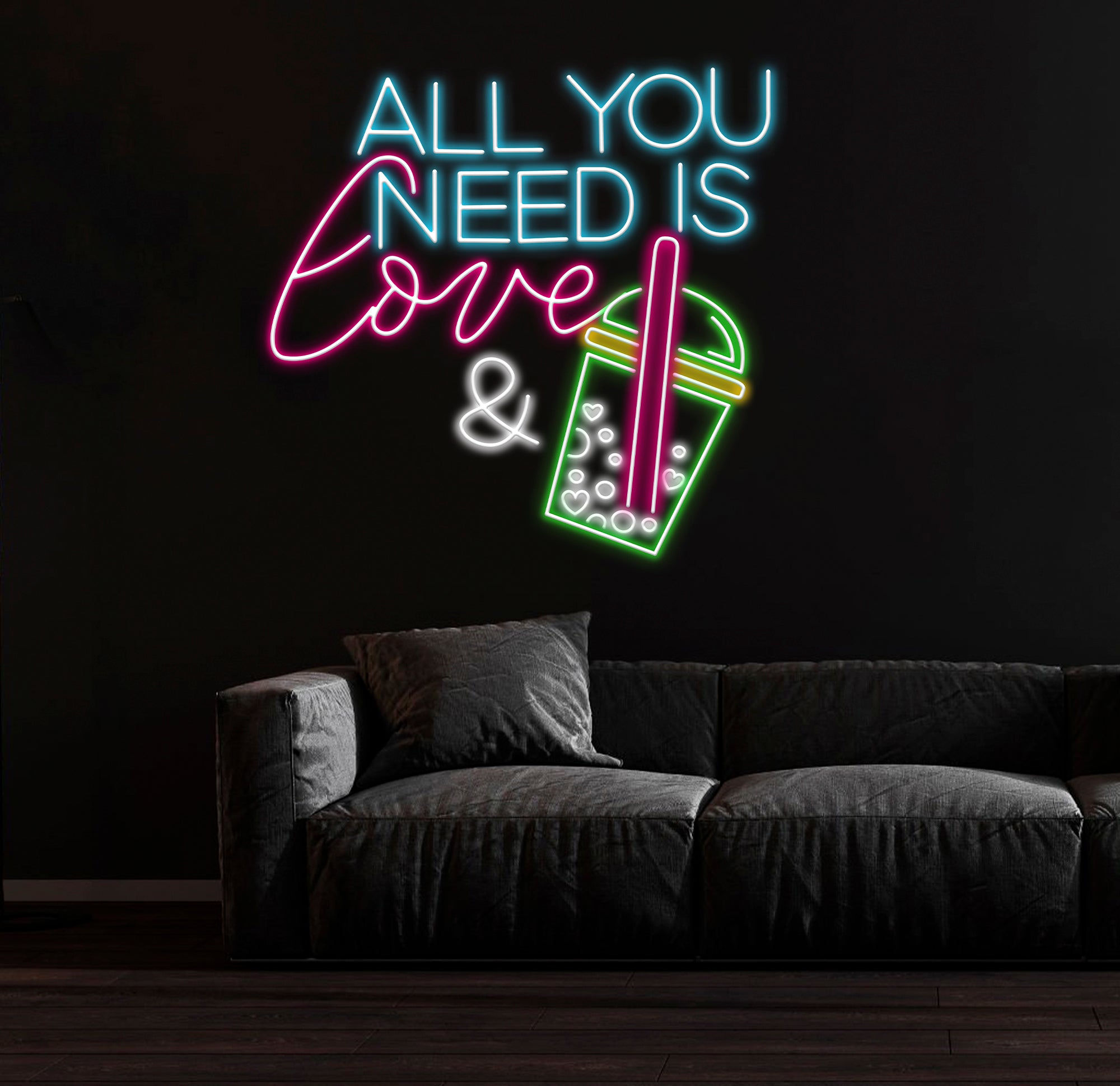 All You Need Is Love & Bubble Tea Neon Sign, Custom Boba Tea Milk Tea, LED Neon Light Drinks Coffee Bar Shop Home Wall Decor, Business Sign