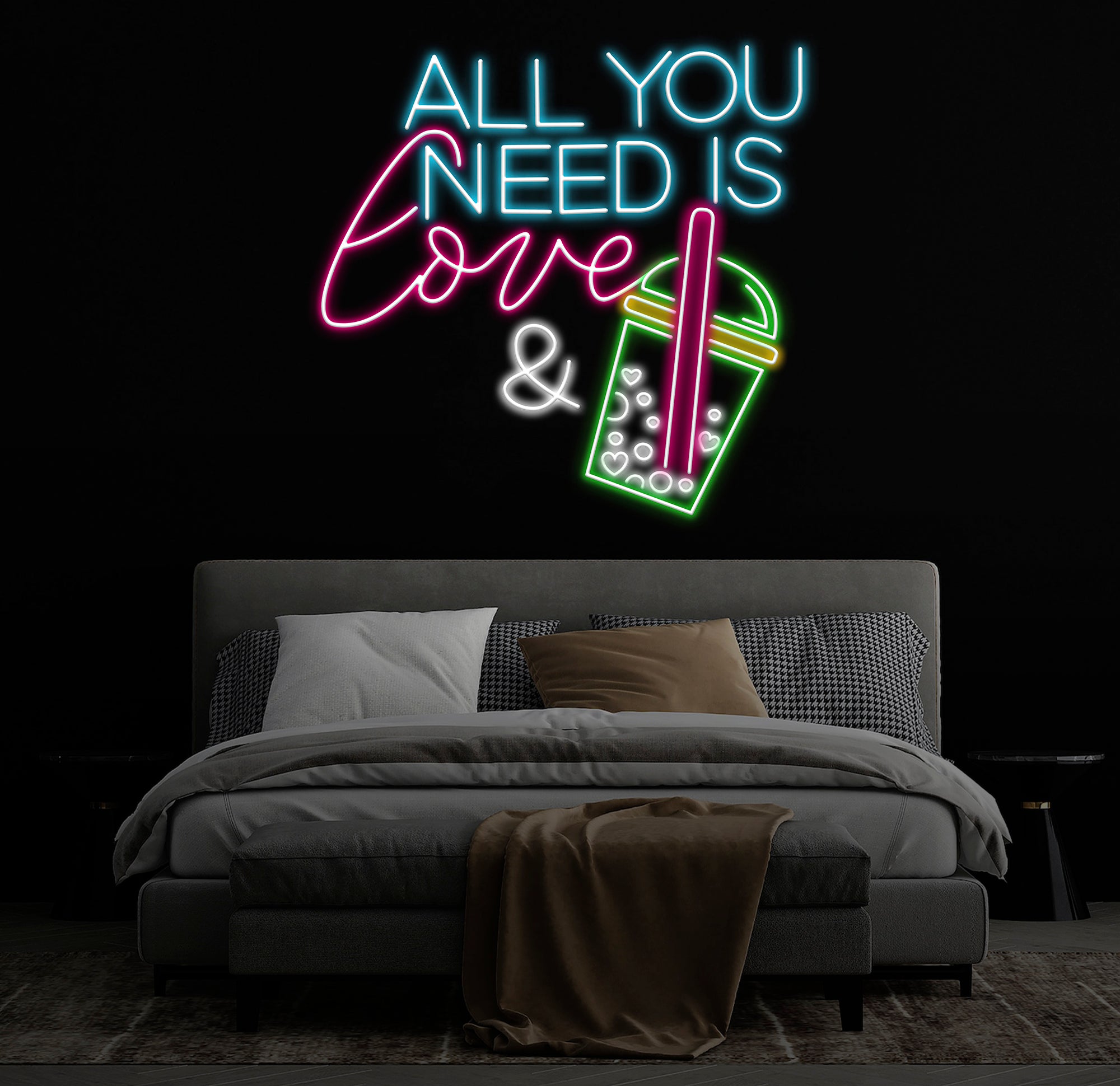 All You Need Is Love & Bubble Tea Neon Sign, Custom Boba Tea Milk Tea, LED Neon Light Drinks Coffee Bar Shop Home Wall Decor, Business Sign