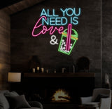 All You Need Is Love & Bubble Tea Neon Sign, Custom Boba Tea Milk Tea, LED Neon Light Drinks Coffee Bar Shop Home Wall Decor, Business Sign