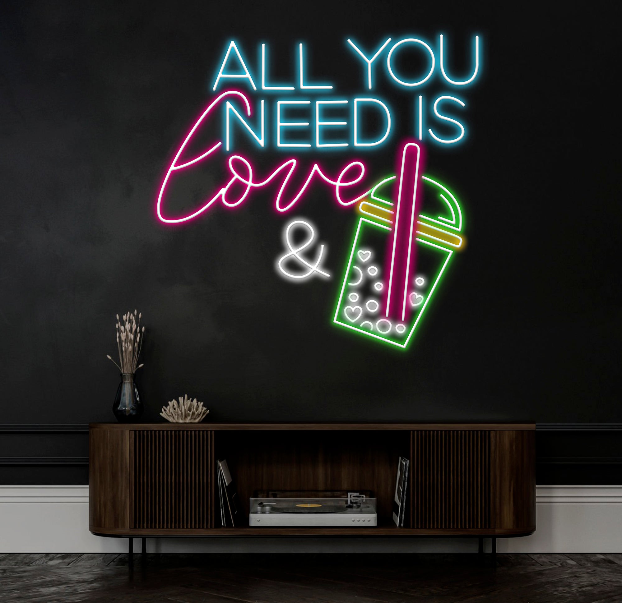 All You Need Is Love & Bubble Tea Neon Sign, Custom Boba Tea Milk Tea, LED Neon Light Drinks Coffee Bar Shop Home Wall Decor, Business Sign