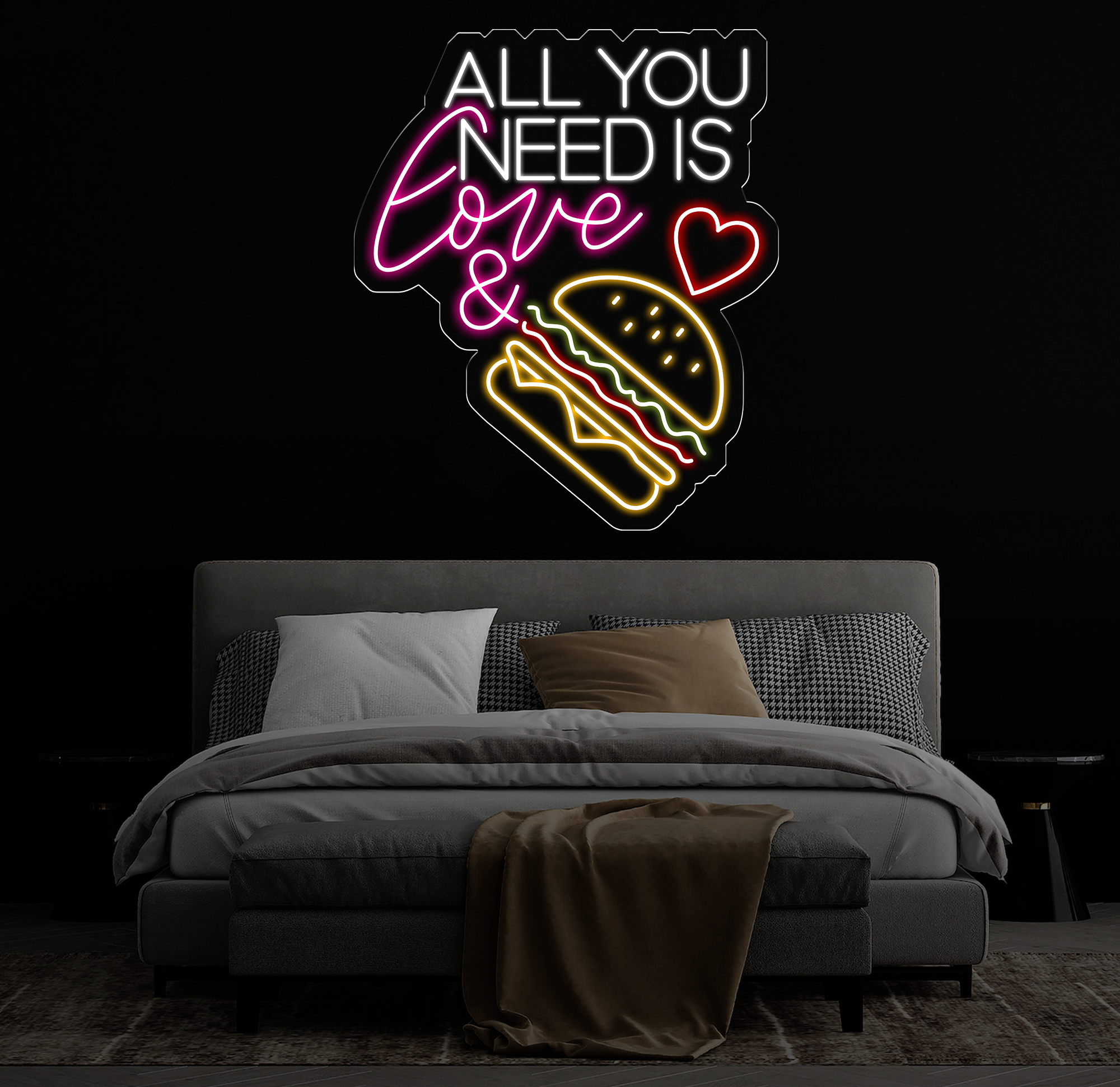 All You Need Is Love & Burger Neon Sign, Custom Hamburger Fast Food LED Neon Sign, Night Light Home Wall Decor, Restaurant Welcome Sign