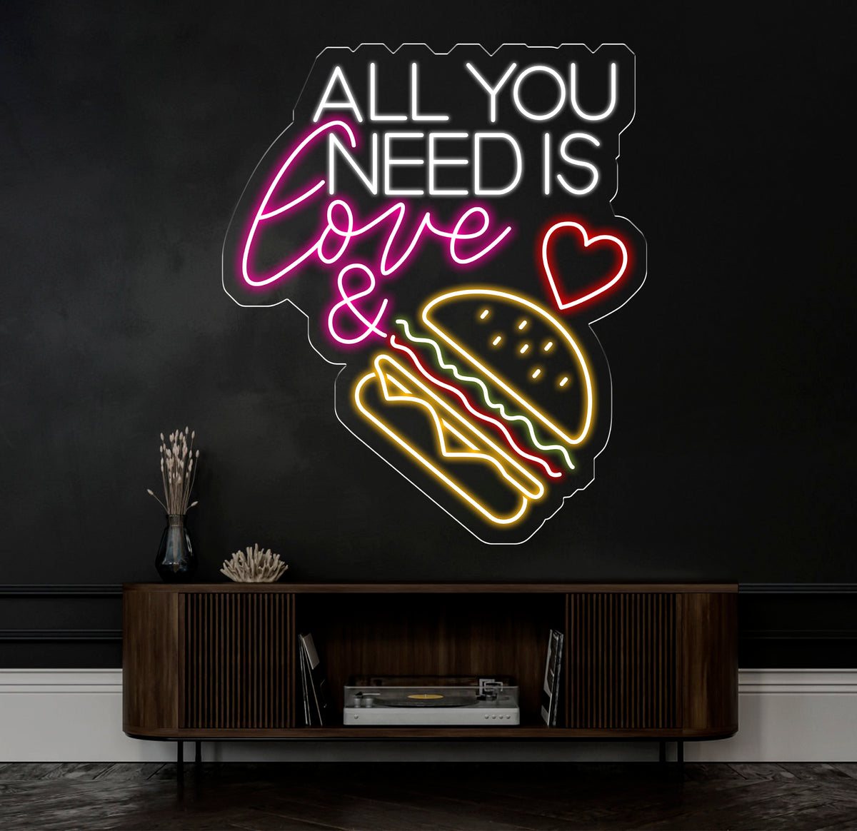 All You Need Is Love & Burger Neon Sign, Custom Hamburger Fast Food LED Neon Sign, Night Light Home Wall Decor, Restaurant Welcome Sign