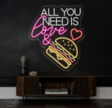 All You Need Is Love & Burger Neon Sign, Custom Hamburger Fast Food LED Neon Sign, Night Light Home Wall Decor, Restaurant Welcome Sign