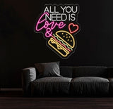 All You Need Is Love & Burger Neon Sign, Custom Hamburger Fast Food LED Neon Sign, Night Light Home Wall Decor, Restaurant Welcome Sign