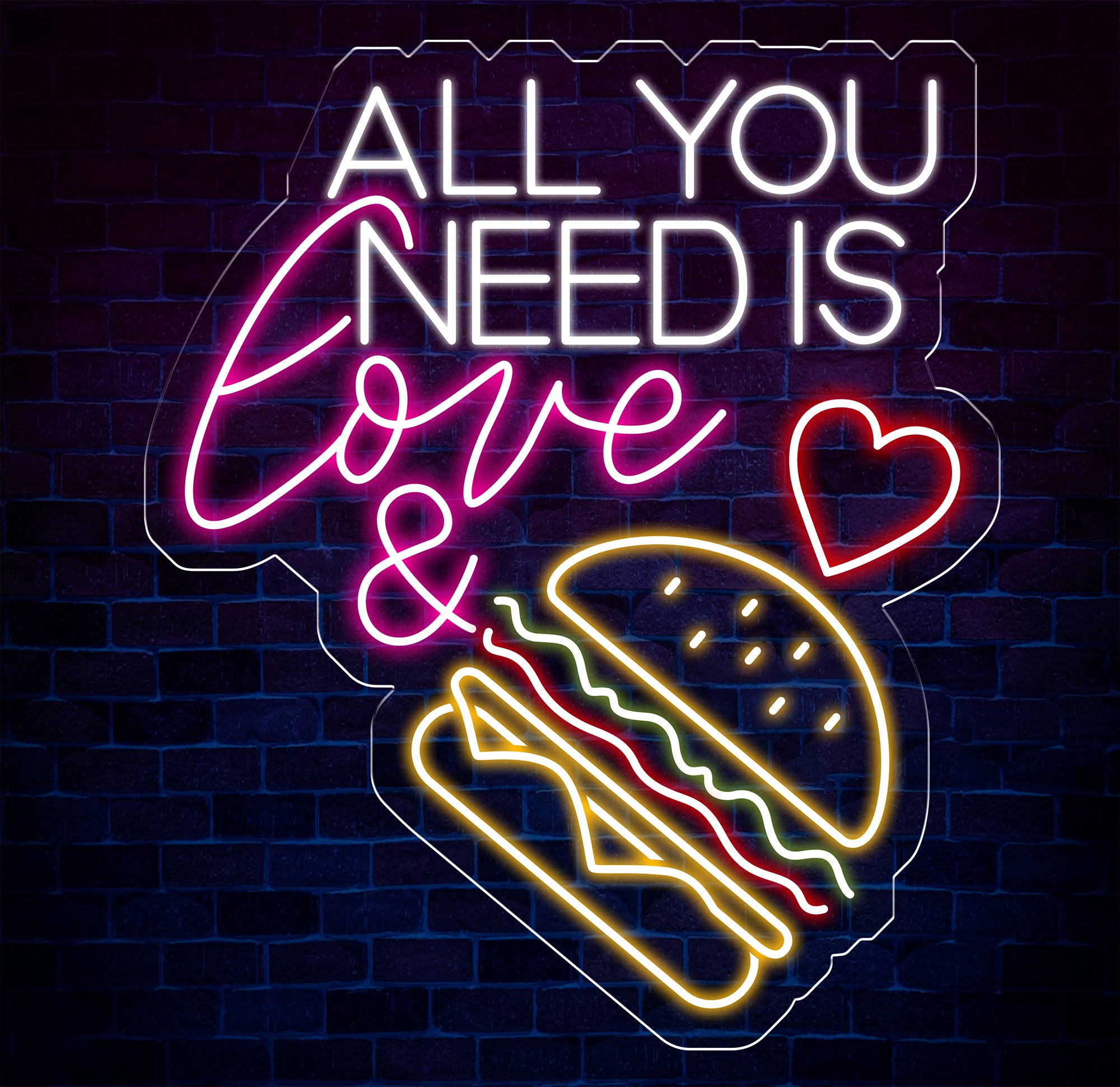 All You Need Is Love & Burger Neon Sign, Custom Hamburger Fast Food LED Neon Sign, Night Light Home Wall Decor, Restaurant Welcome Sign