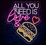 All You Need Is Love & Burger Neon Sign, Custom Hamburger Fast Food LED Neon Sign, Night Light Home Wall Decor, Restaurant Welcome Sign