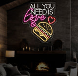 All You Need Is Love & Burger Neon Sign, Custom Hamburger Fast Food LED Neon Sign, Night Light Home Wall Decor, Restaurant Welcome Sign