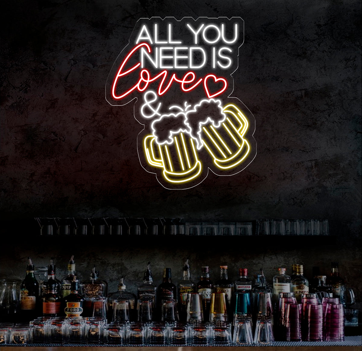 All You Need Is Love & Beer Neon Bar Sign, LED Light Sign for Home Bar Wall Decor, Basement Sign, Man Cave Sign, Unique Gifts for Him