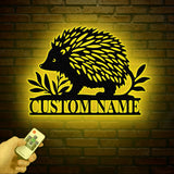 Personalized Hedgehog Monogram Metal Sign with LED Lights – Custom Hedgehog Name Sign – Hedgehog Lover Wall Art & Home Decor