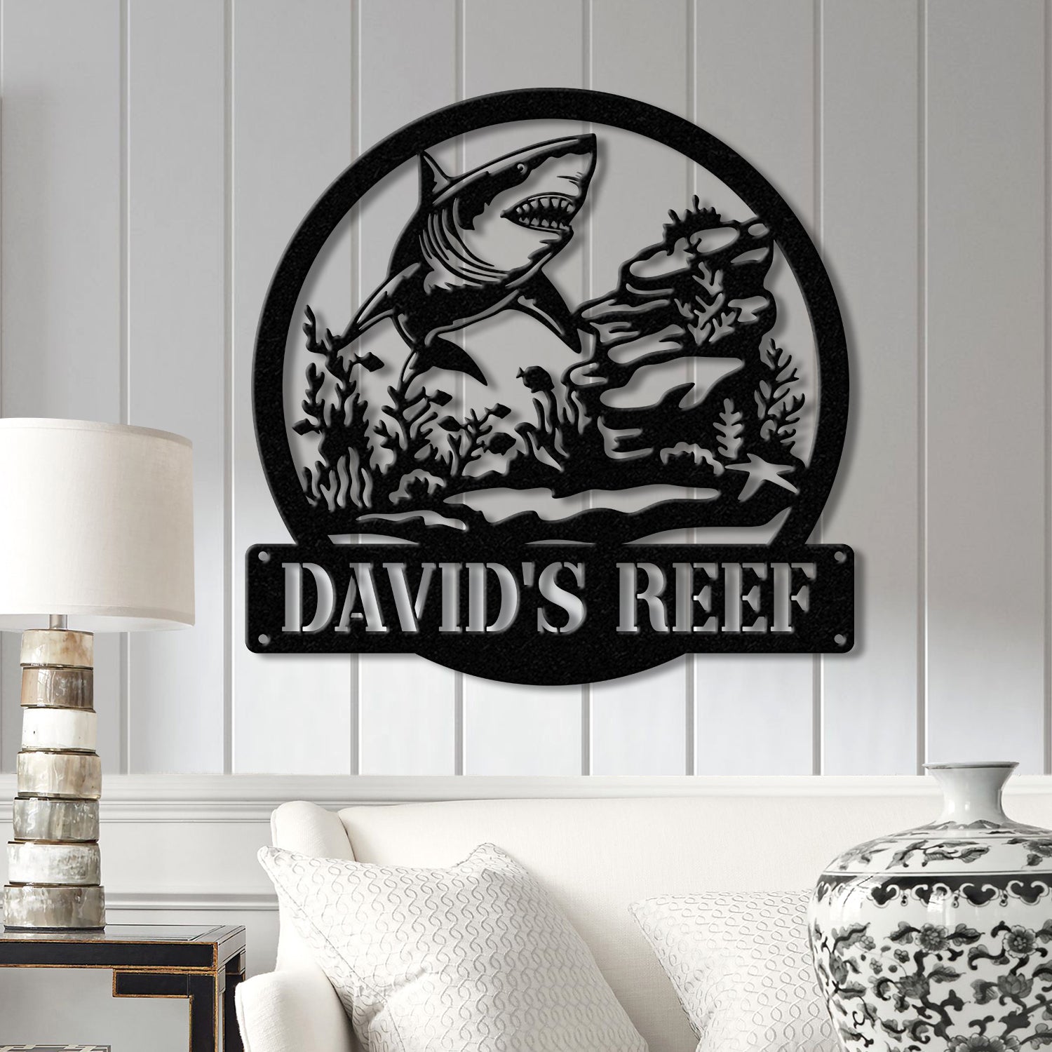 Custom Shark Metal Sign with Led Lights, Last Name Sign, Personalized Reef Wall Art, Shark Wall Decor, Indoor Home Decor & Shark Lover Gift