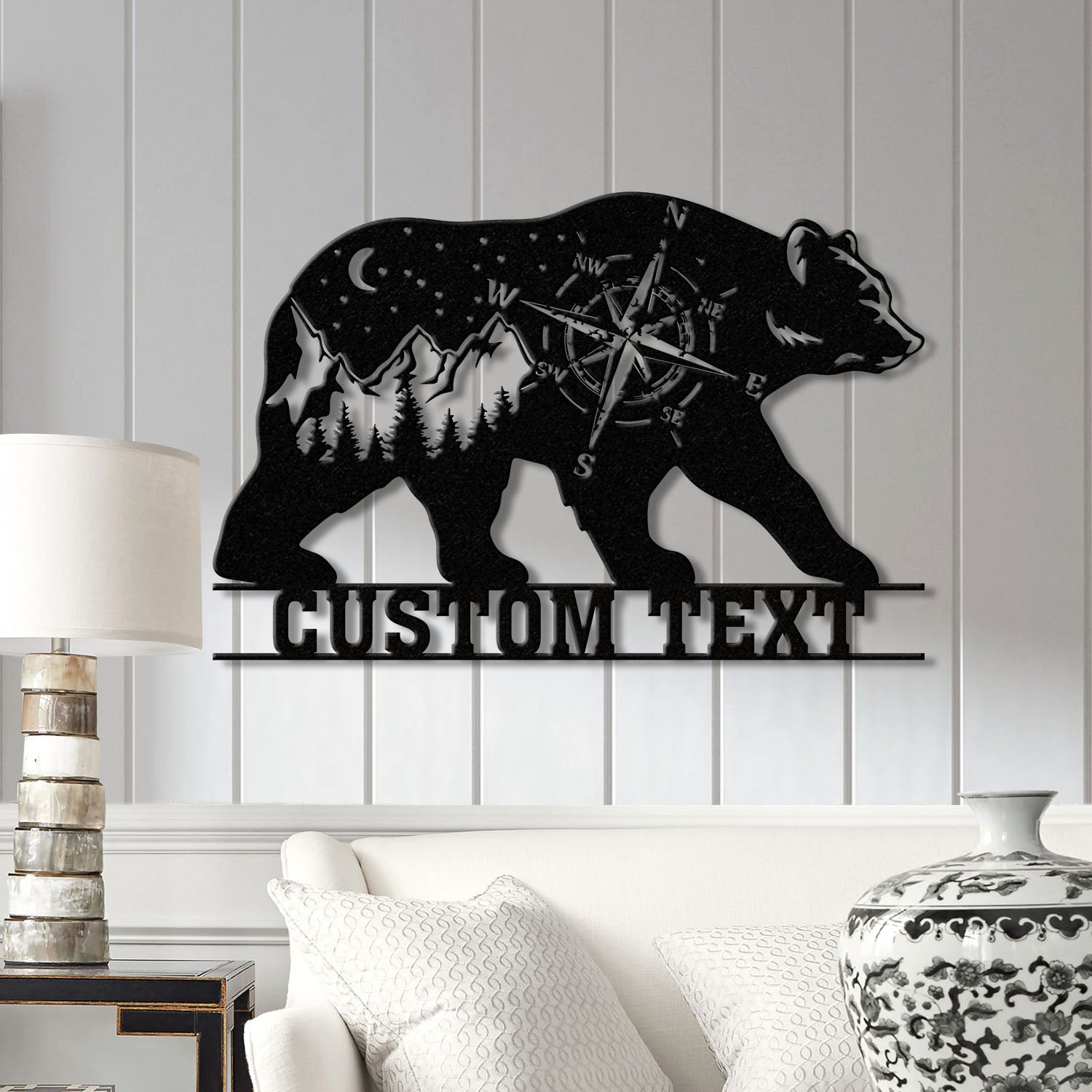Custom Outdoor Themed Compass Metal Art with Bear, Bear Cabin Sign, Personalized Metal Bear Sign, Cabin Decor, Outdoor Bear Decor