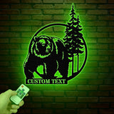 Personalized Bear Cabin Metal Sign with LED Light – Rustic Bear Decor for Cabin or Outdoors – Custom Door Monogram & Cabin Wall Art