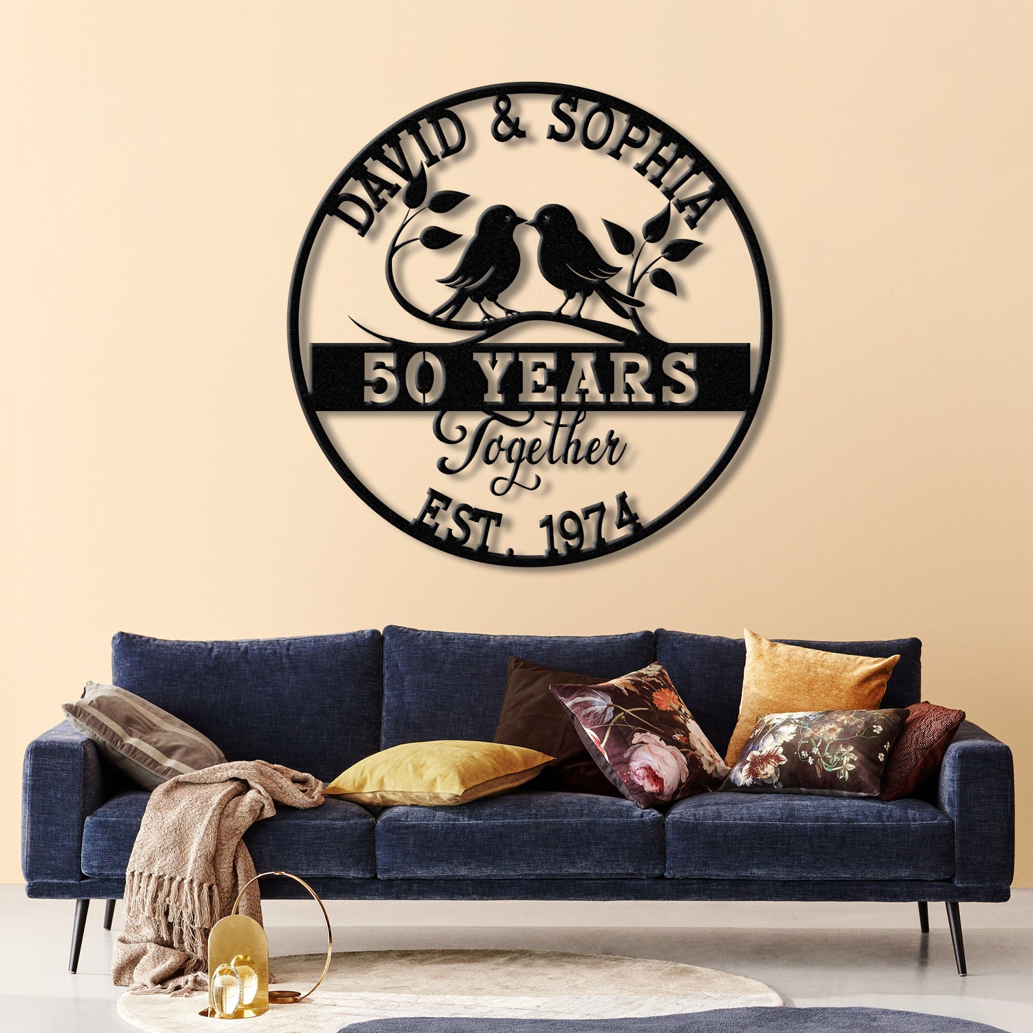 Custom 50 Years Together Floral Metal Sign, Personalized Last Name Monogram, Anniversary Gift, Wedding Metal Sign, Housewarming Gift