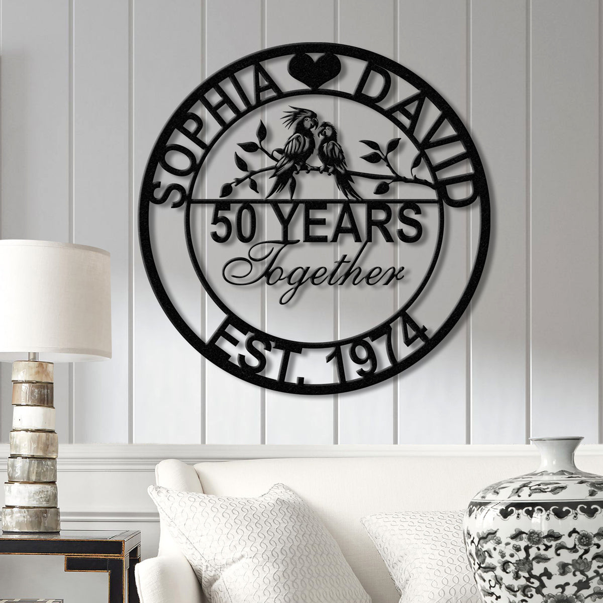 Custom 50th Anniversary Gift - Golden Anniversary Parrots Metal Sign, 50 Year Wedding Anniversary Wall Art Decor, Couples Milestone Gift