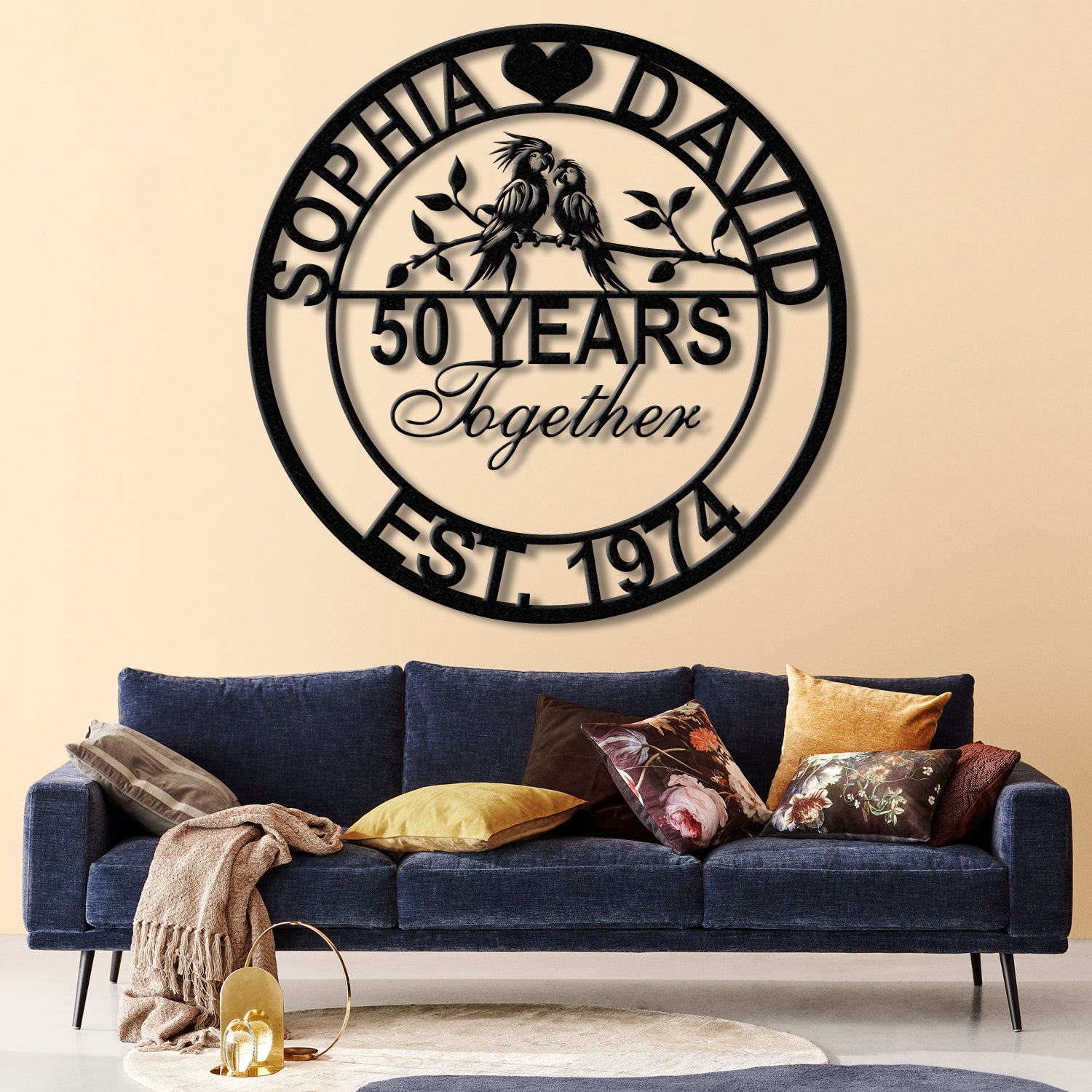 Custom 50th Anniversary Gift - Golden Anniversary Parrots Metal Sign, 50 Year Wedding Anniversary Wall Art Decor, Couples Milestone Gift