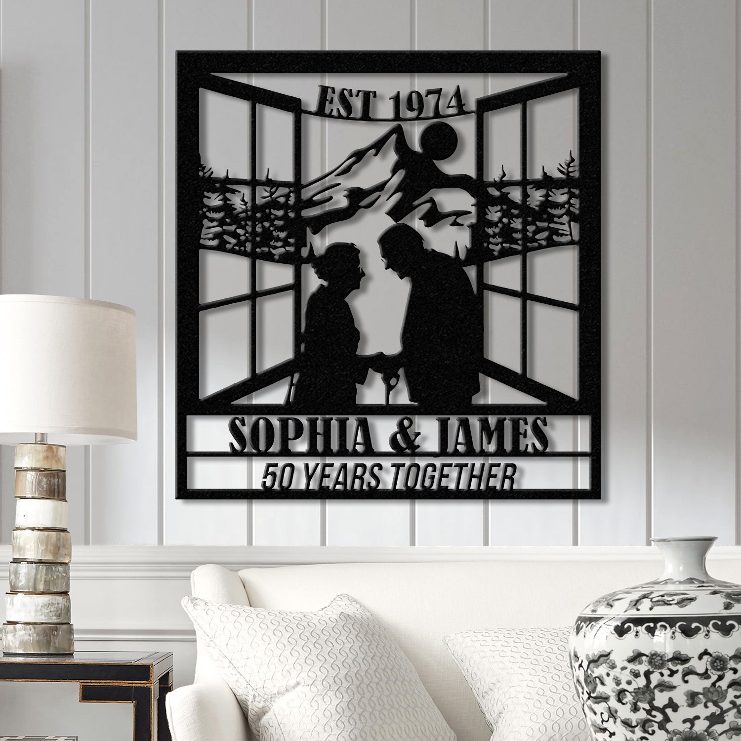 Custom 50th Anniversary Gift, Golden Wedding Metal Wall Art, Personalized Sunset Mountain Decor, Wedding Gift for Parents or Couple