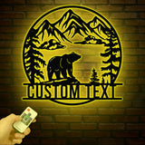 Personalized Wilderness Bear Cabin Sign with LED Lights, Mountain Metal Bear Decor, Rustic Outdoor Cabin Sign, Custom Bear Door Decor