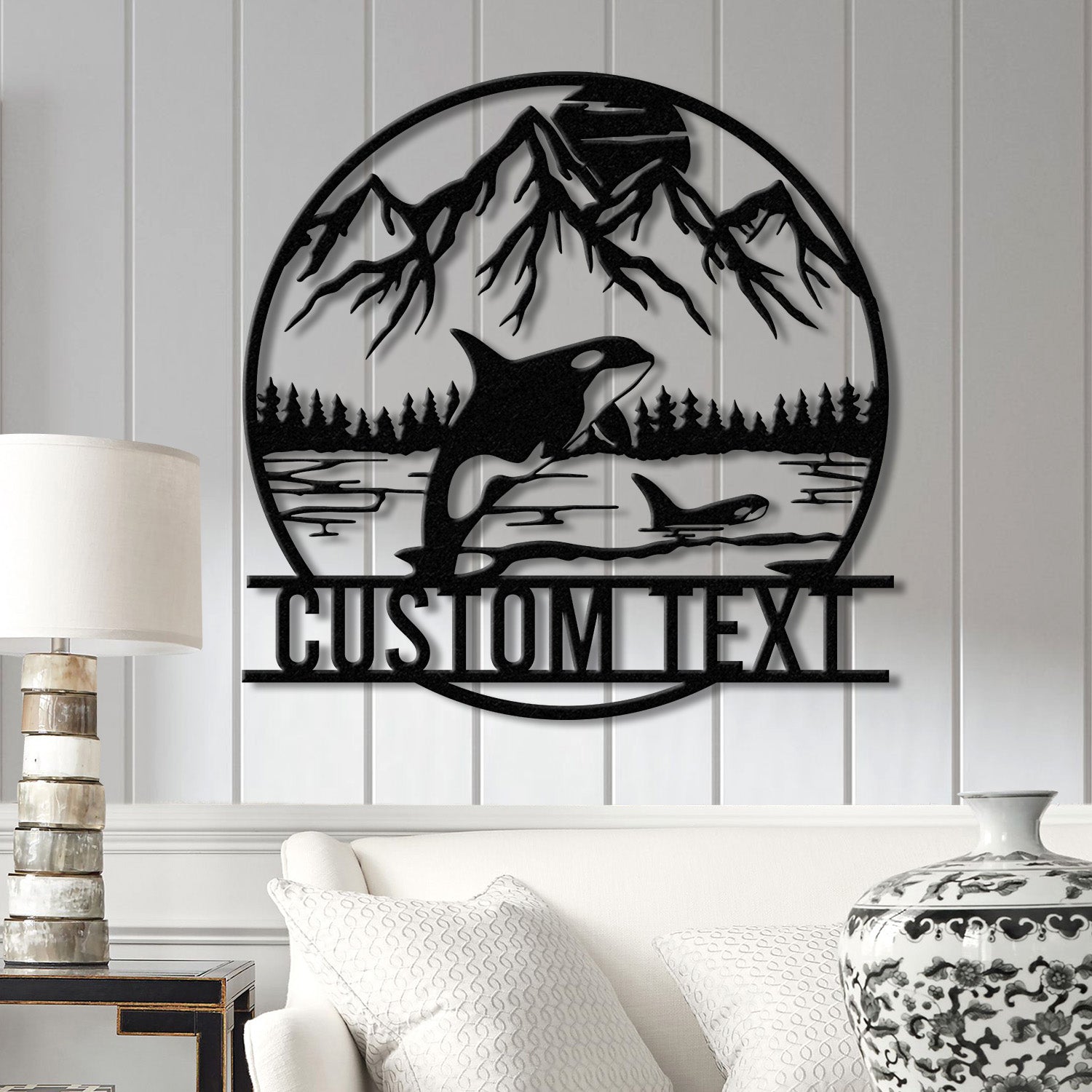 Custom Mountain Orca Metal Sign with LED Lights - Personalized Whale Wall Art - Ocean Wildlife Decor - Rustic Cabin & Outdoor Decor