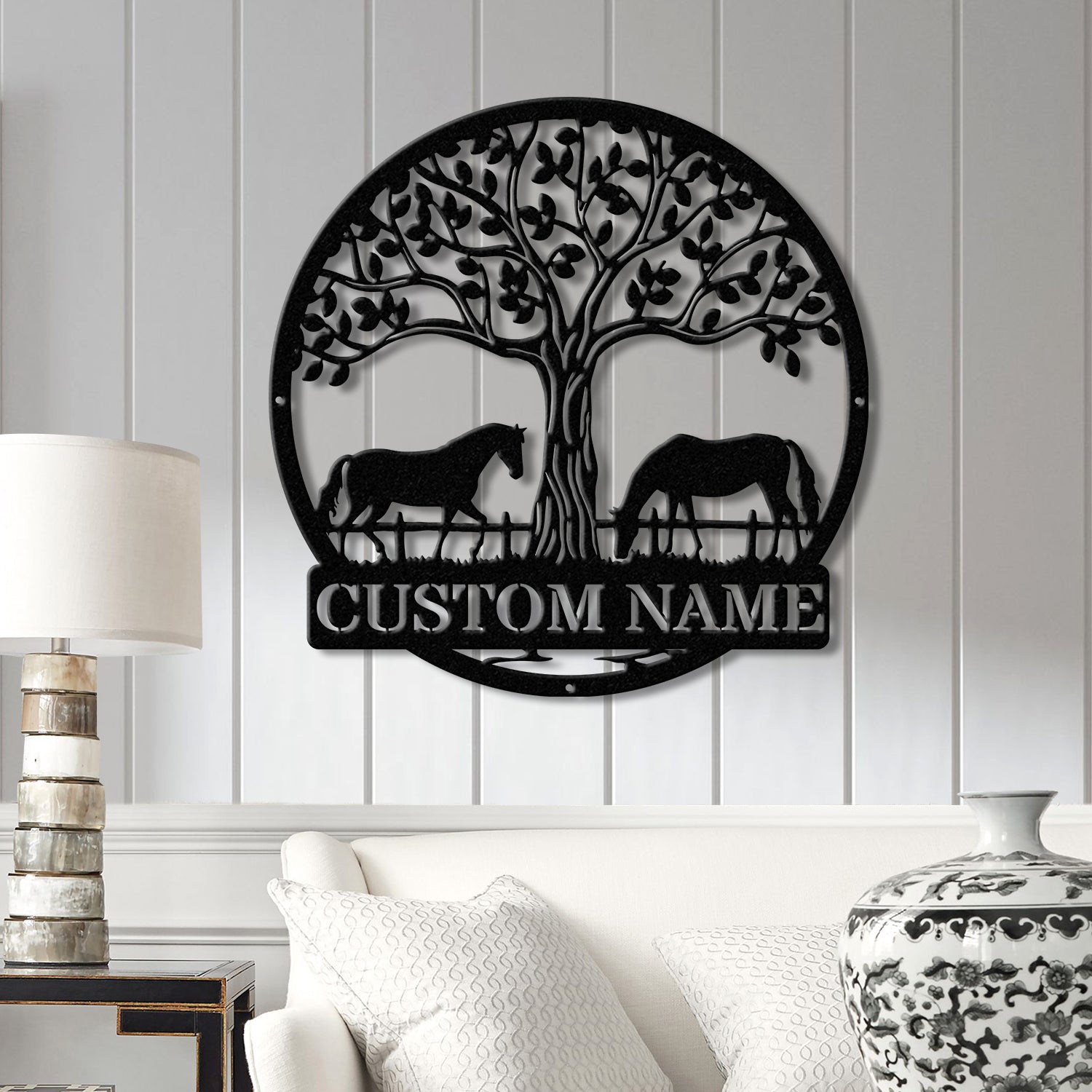 Custom Horse Farm Metal Sign with LED Lights - Personalized Horse Name Wall Art - Rustic Tree Decor for Ranch, Stable, or Outdoor Farmhouse