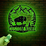 Custom Outdoor Bison Metal Sign with LED Lights – Personalized Buffalo Name Sign – Lone Bison Camp Decor & Gift for Him, Buffalo Decor
