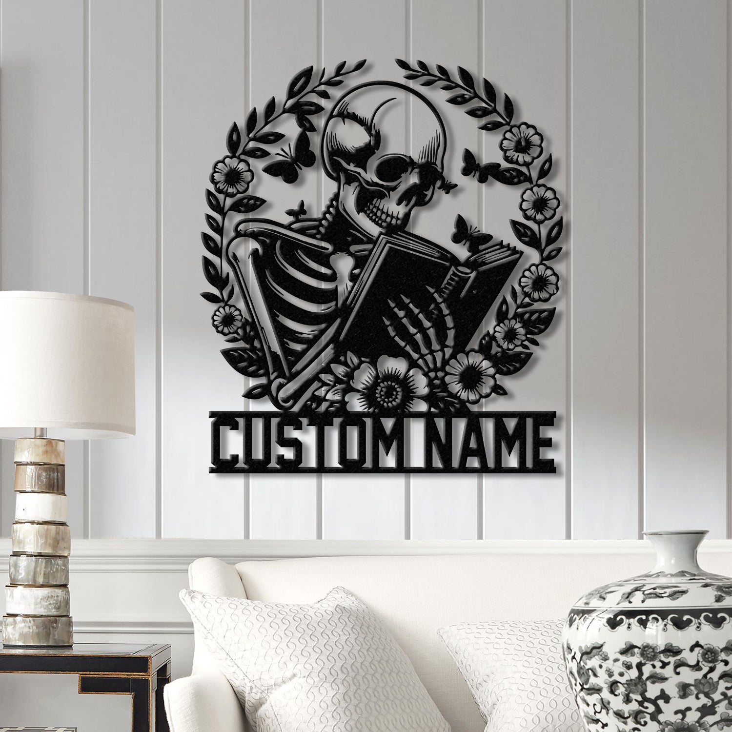 Personalized Skeleton Reading Books Metal Sign with LED Lights - Library Decor - Bookworm & Reading Room Sign - Book Club Gift