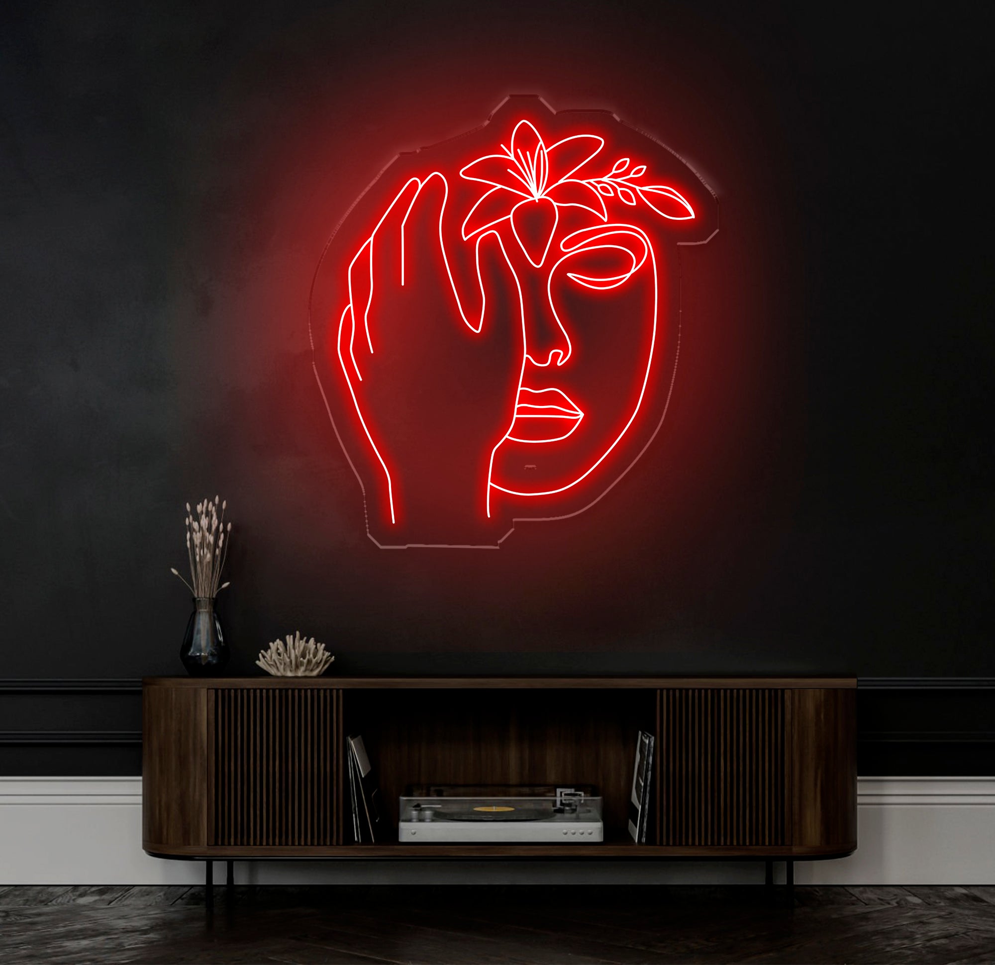 Abstract Face Neon Sign with Flower, Custom Neon Wall Art, Personalized Modern Decor, Minimalist Neon Light for Bedroom, Christmas Gifts